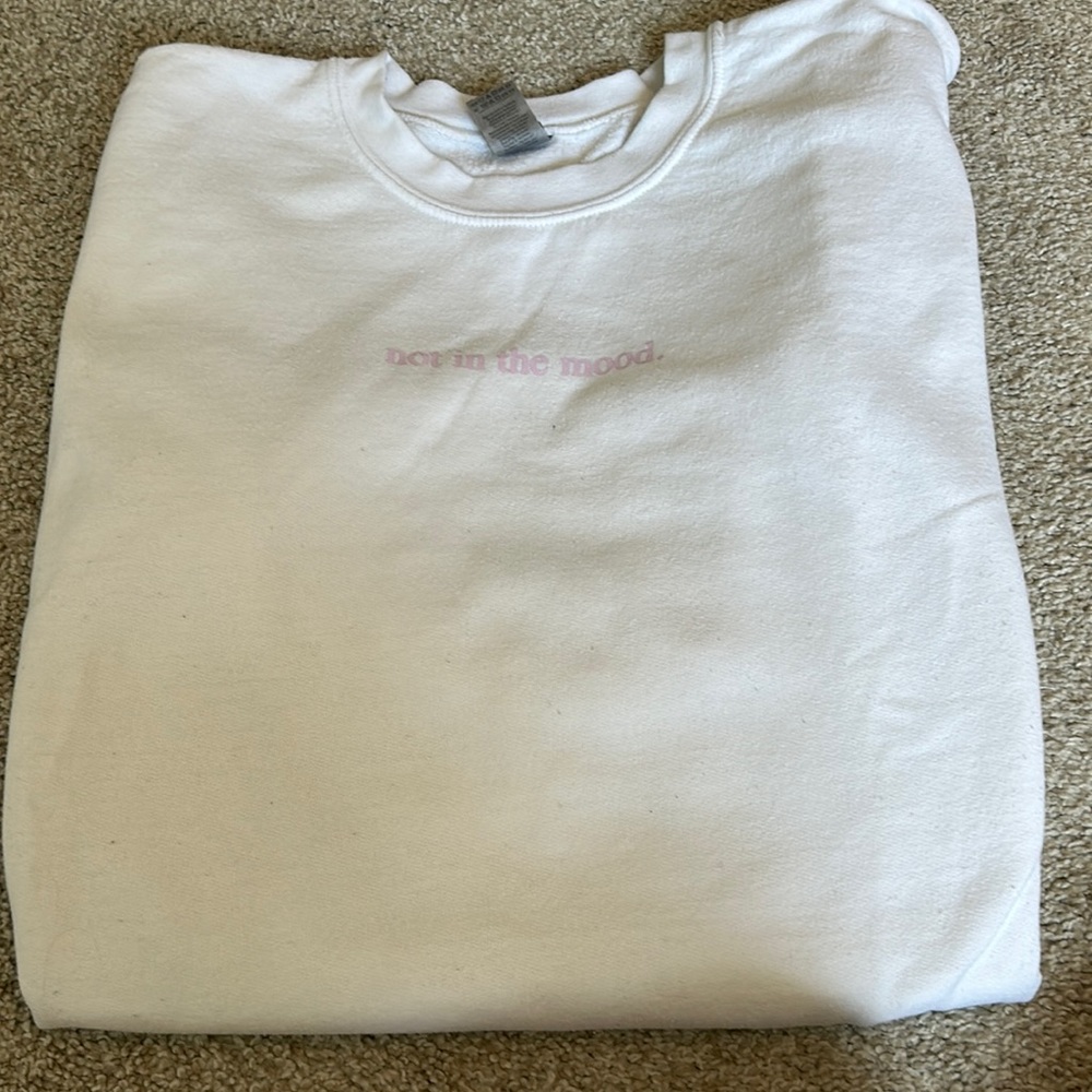 “ not in the mood” white and purple crewneck